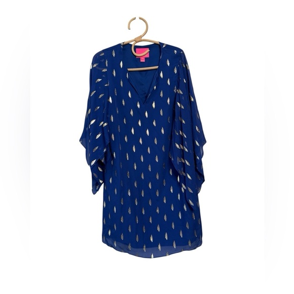 Lilly Pulitzer Shalynn Silk Caftan 
Navy Gold semi-sheer scarf sleeves Size 2 - Picture 5 of 14